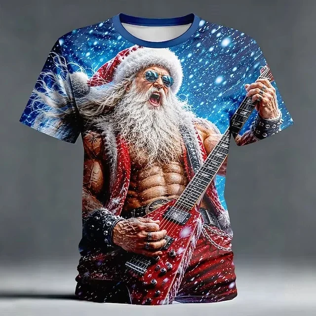 Funny Running Santa Claus 3D Print Men T‑Shirt Crew Neck Short Sleeve Christmas Holiday Tops