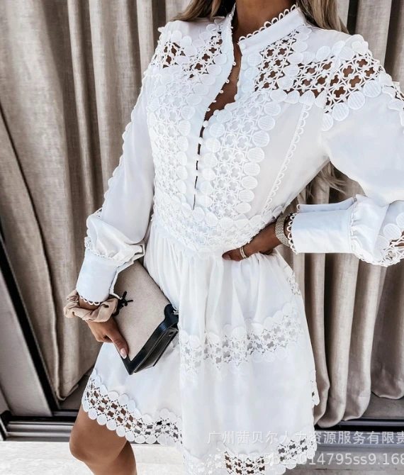 

Womens Dresses 2024 Summer Fashion White Hollow Pattern Patchwork Long Sleeved Casual Round Neck Button Daily Mini Shirt Dress