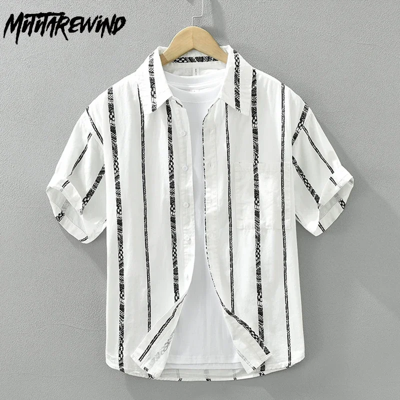 Japanese Short Sleeve Striped Shirts Man Summer Daily Casual Loose Shirt Lapel Pure Cotton Shirts Youth Simple Men's Clothing