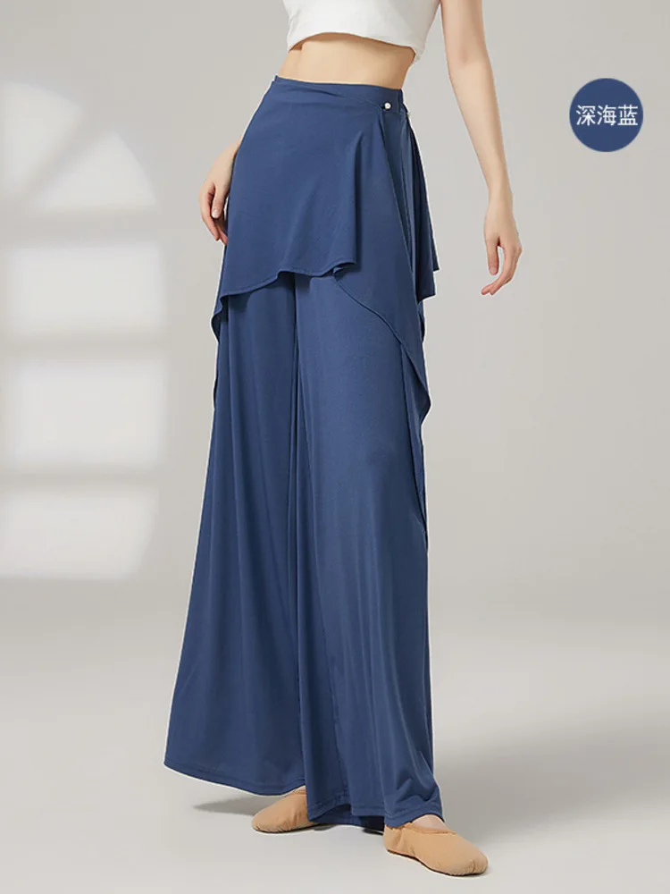 سراويل رقص باليه فضفاضة عالية الخصر للسيدات، سراويل واسعة الساق بلون سادة ذات طبقات من قطعتين لأداء التدريب