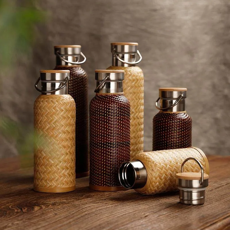 Bamboo woven thermos cup stewed tea cup high-end hot water bottle open kettle small travel portable cup old-fashioned retro
