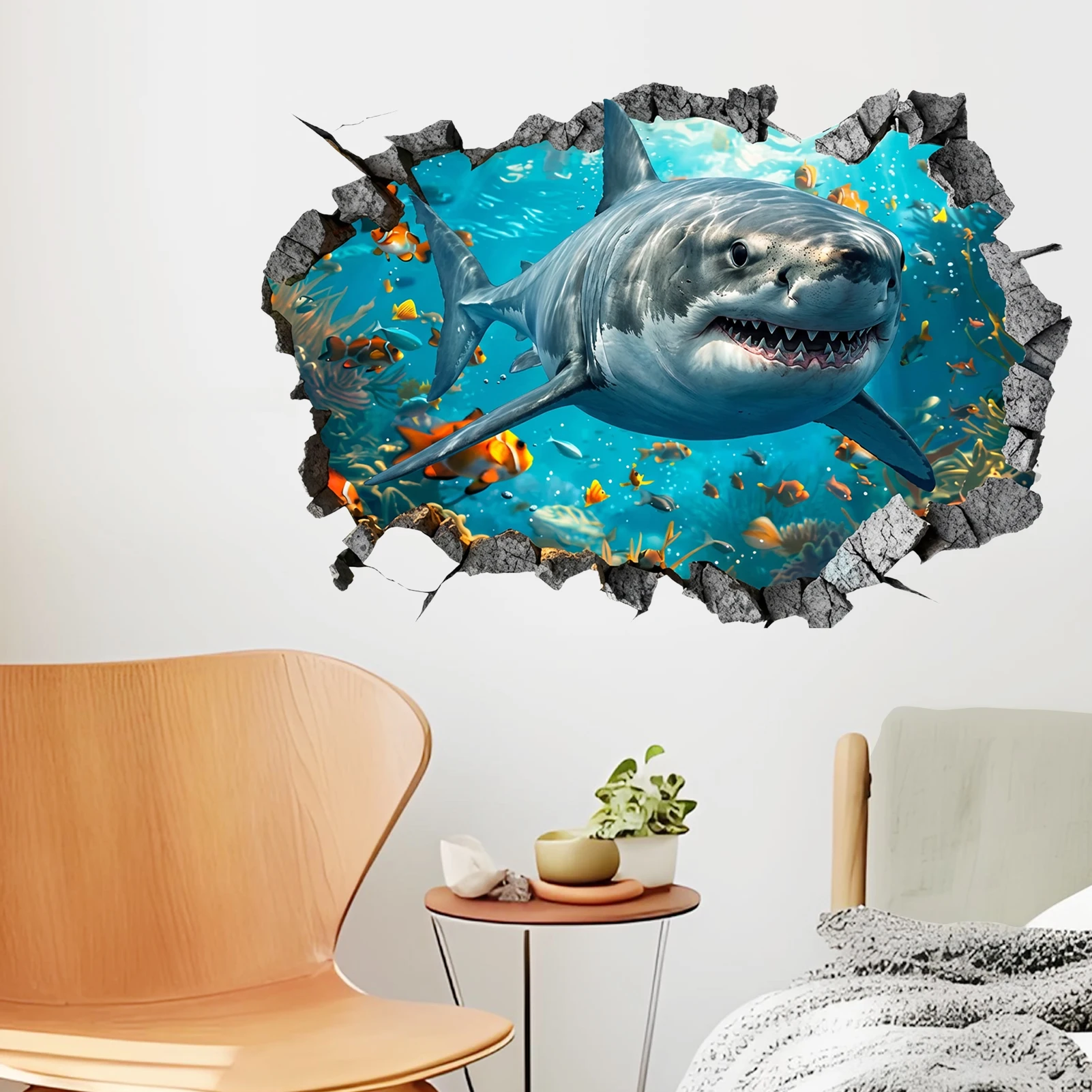 Realistischer Hai-Wandaufkleber, Weißer Hai mit Meeresmotiv Durchbricht die Wand Vinyl-Aufkleber