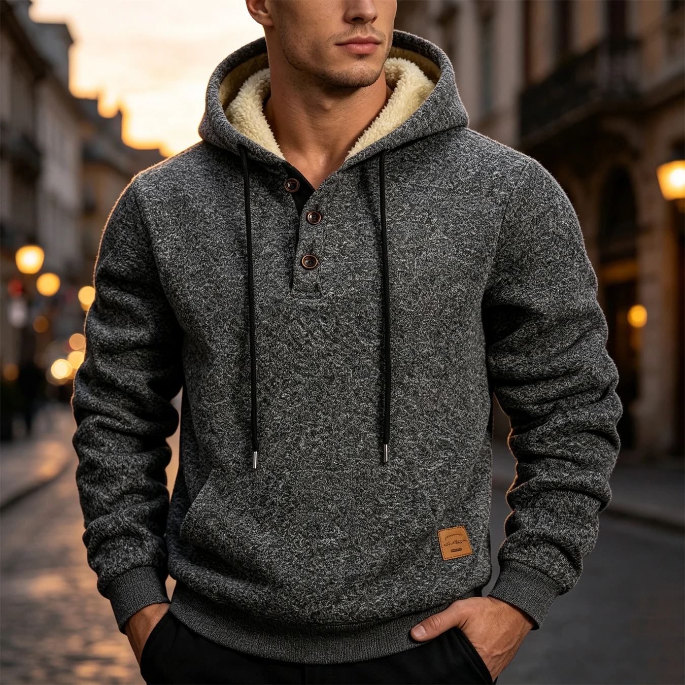 Men Retro Half Button Hoodie Thicken Winter Hooded Sweatshirts Warm Fleece Knit Sweater Outdoor Running Sports Casual Pullover