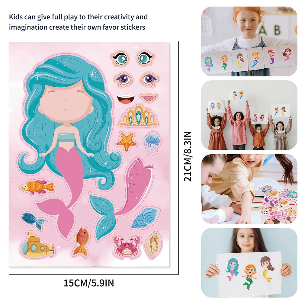 6/12Sheets Make a Face Mermaid Puzzle Stickers Children DIY Assemble Jigsaw Girls Boys Favor For Party Game Educational Toy Gift