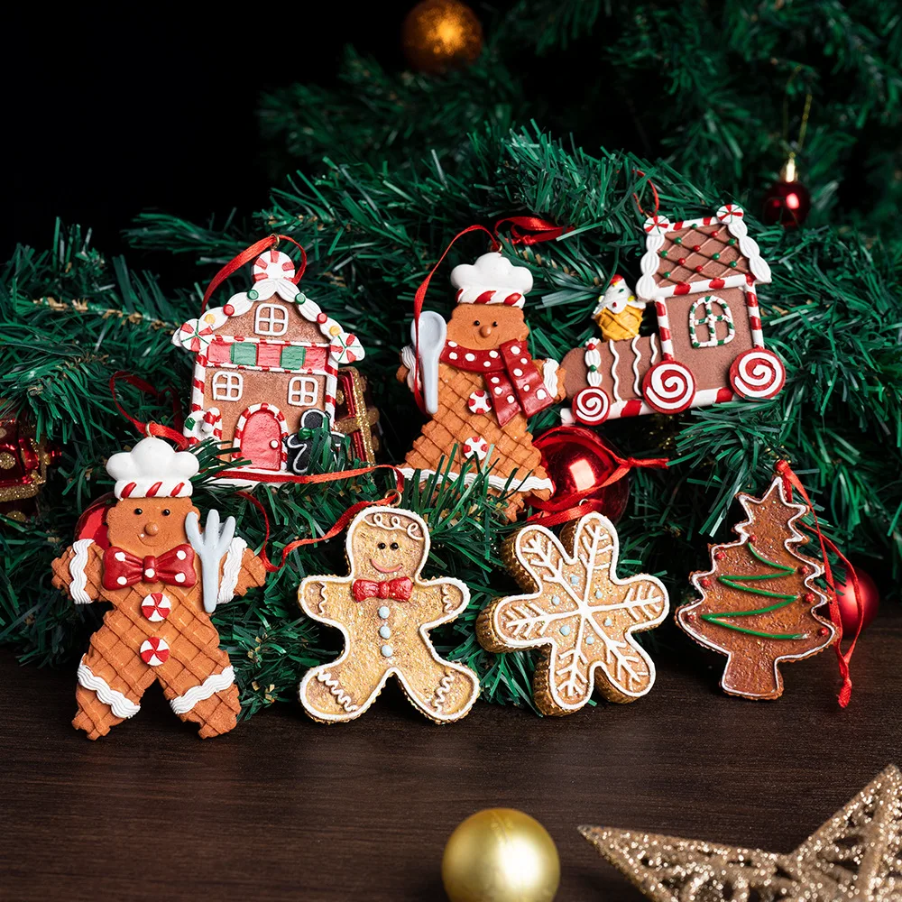 

Resin Christmas Tree Ornaments Set with Snowflakes Gingerbread Man Festive Christmas Crafts Decoration for Holiday Home