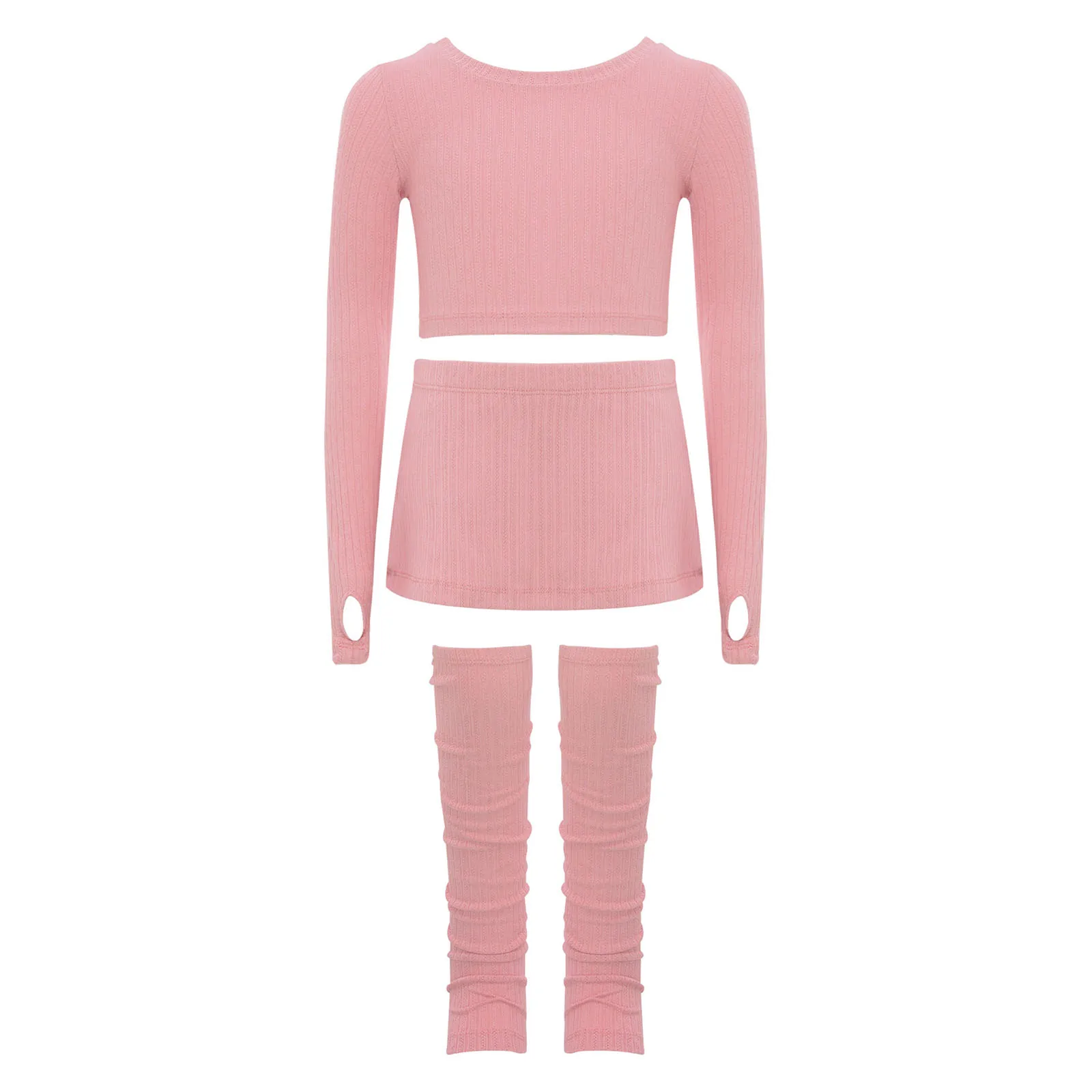 

Girls Ballet Training Outfit Dance Practice Warm-Up Costumes Cotton Ribbed Long Sleeves Thumbholes Crop Top+Skirt+Leg Warmers