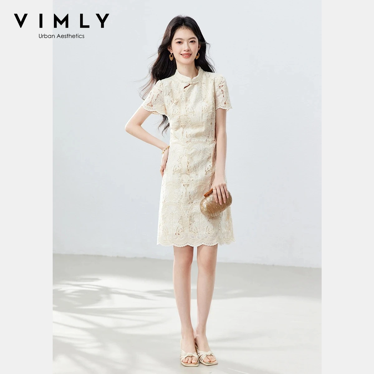 VIMLY Elegant Mandarin Collar Frog Button Mini Dress Women 2026 Summer Heavy Lace Cut Out Design Slim Short Sleeve Dress A6537