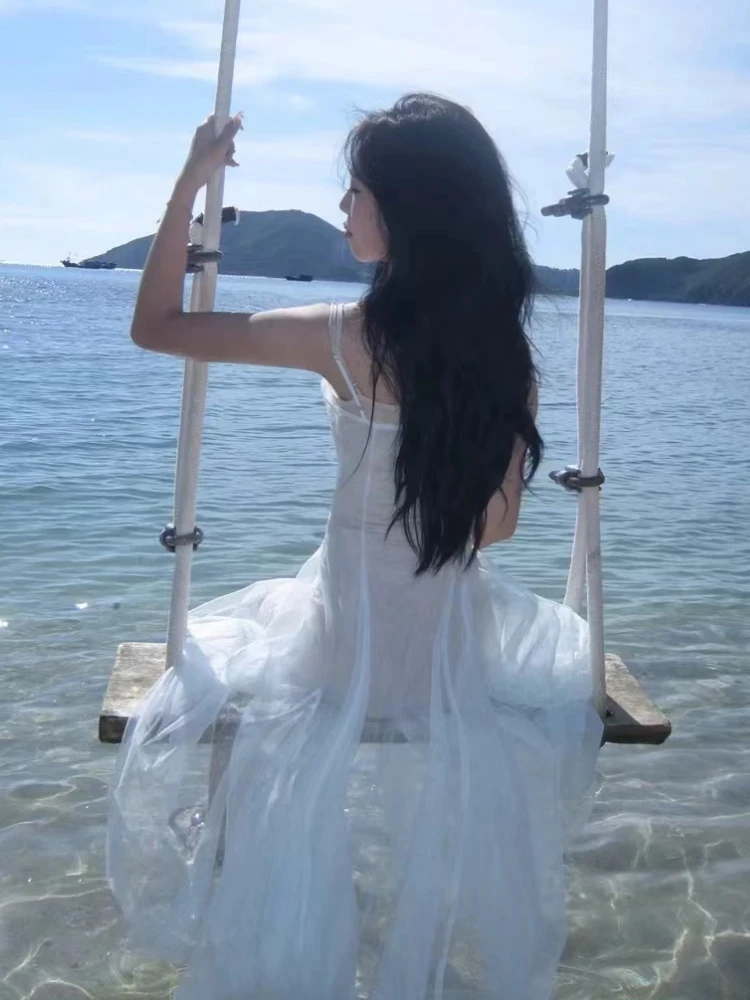 Vestido elegante sin mangas con cuello redondo para mujer, vestido de encaje de una pieza, vestido Midi Retro de fiesta de noche de hadas Vintage, moda francesa de verano