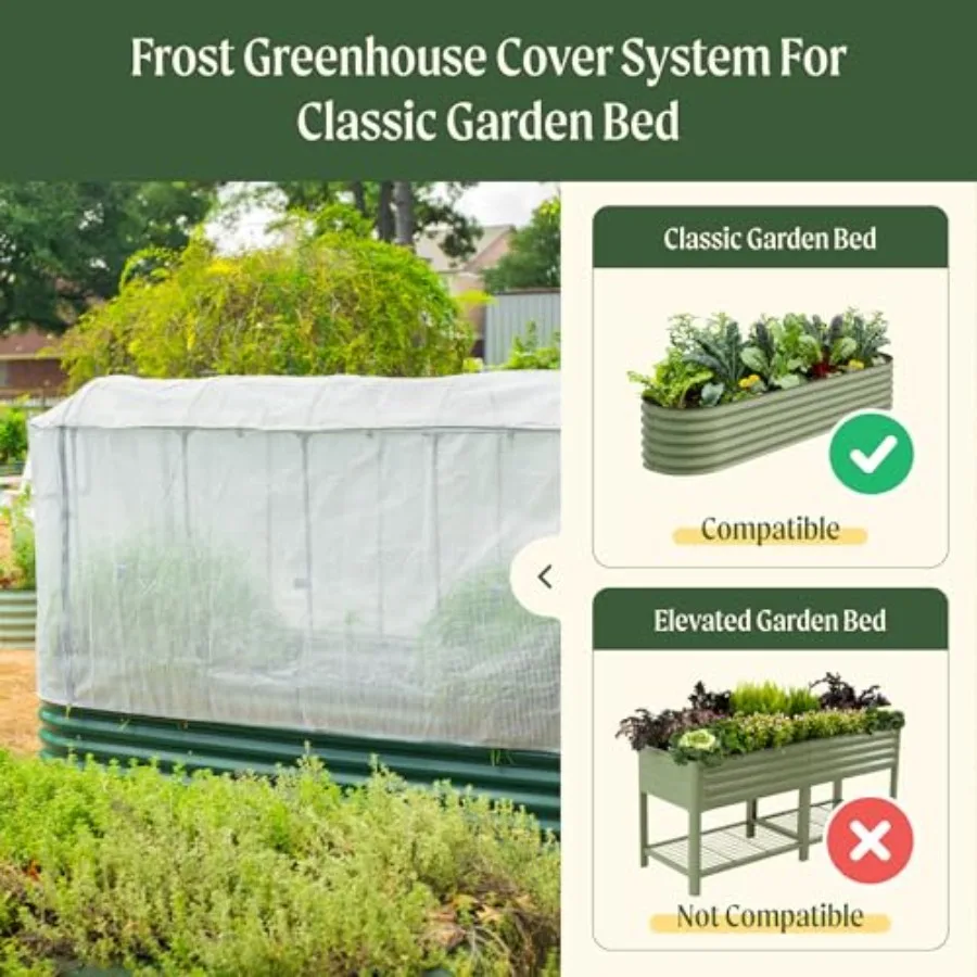 Frost Greenhouse Cover System for 2.0' x 6.5' garden bed: UV-resistant polyethylene, frost green, 6-in-1 modular design with re
