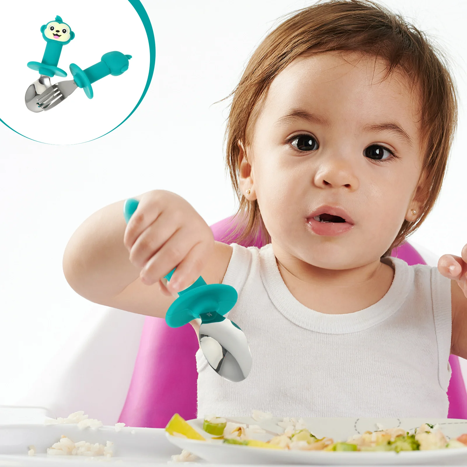 Fork Spoon Stainless Steel Household Short Handle Silica Gel Baby Feeding Training Tableware
