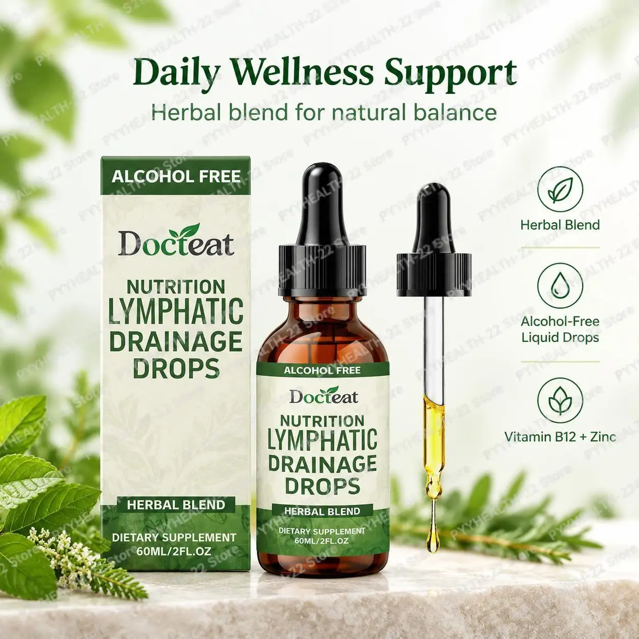 Lymphatic Drainage Drops, Alcohol-Free Herbal Blend,  Lymphatic Balance & Metabolic, with Vitamin B12 Zinc & Green Tea Extract