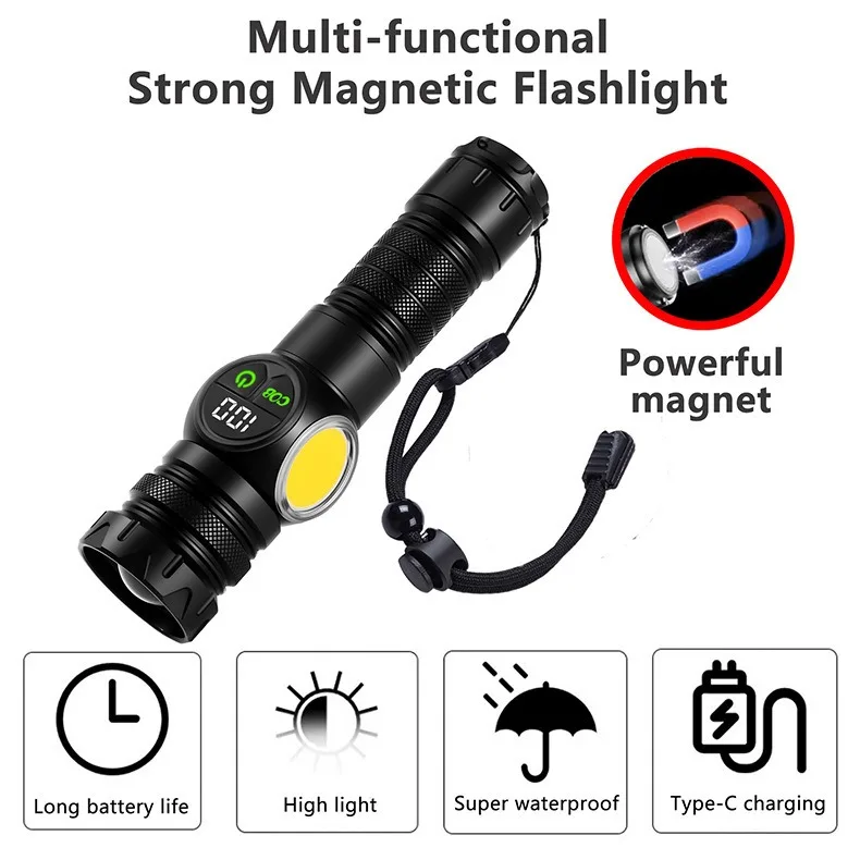 1PC Rechargeable LED Flashlight,High Power Tactical Torch with COB Side Light, Digital Power Display & Magnetic Base for Camping
