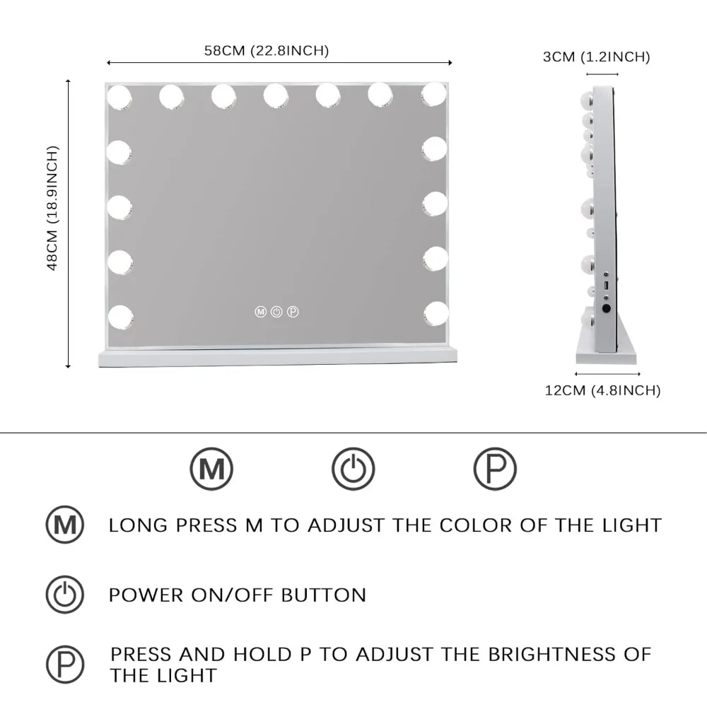 Vanity Mirror With Lights, 15LED Bulbs 3 Lighting Modes, For Desk Or Wall-Mount Vanity Mirror With USB Charger