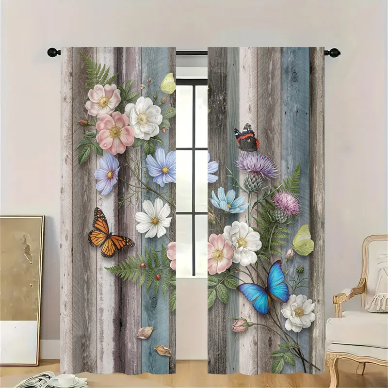 Aesthetic Floral Butterfly Curtain Panel Boho Chic Cottage Window Drape Natural Botanical Print Curtains Lightweight Filter Home