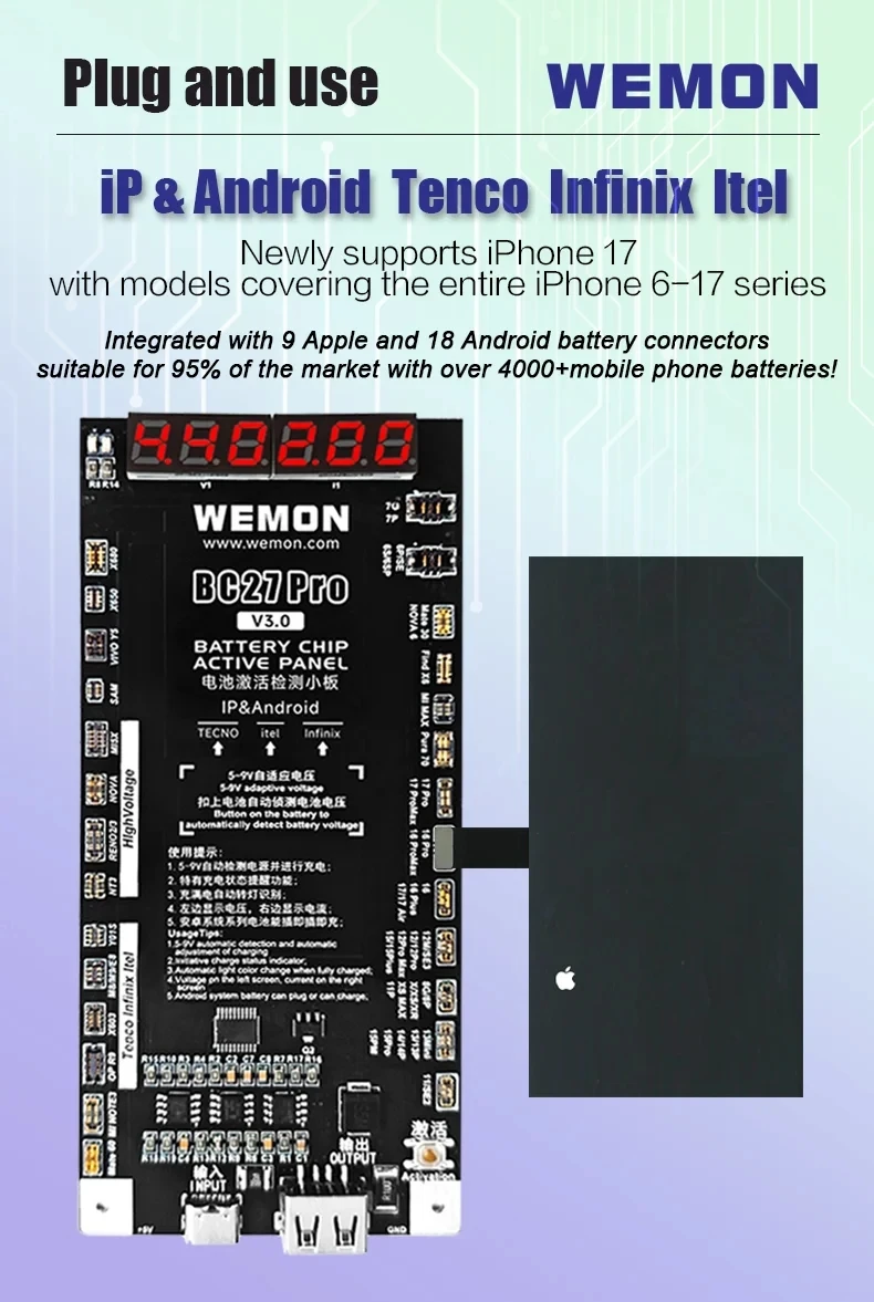 WEMON BC27 PRO Battery activation detection board For IPhone 6-17&400+Android models One click activation of battery tool