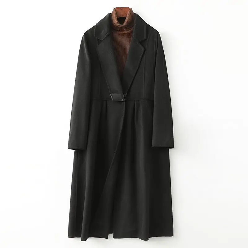 

2023 Autumn Winter Solid Color Waist Slim Wool Coat Women's Fashion Turn-down Collar Belt Coat Double Face Wool Warm Long Coat