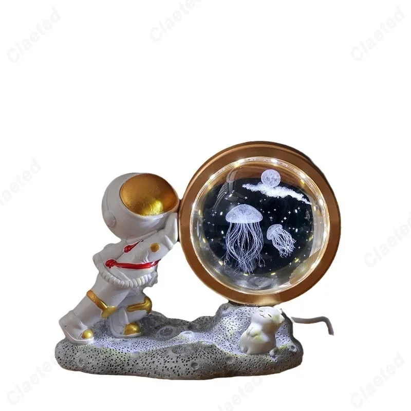 LED Creative 3D Interior Carving Luminous Crystal Ball Astronaut Desktop Ornament Bedroom Bedhead Atmosphere Decorative Light