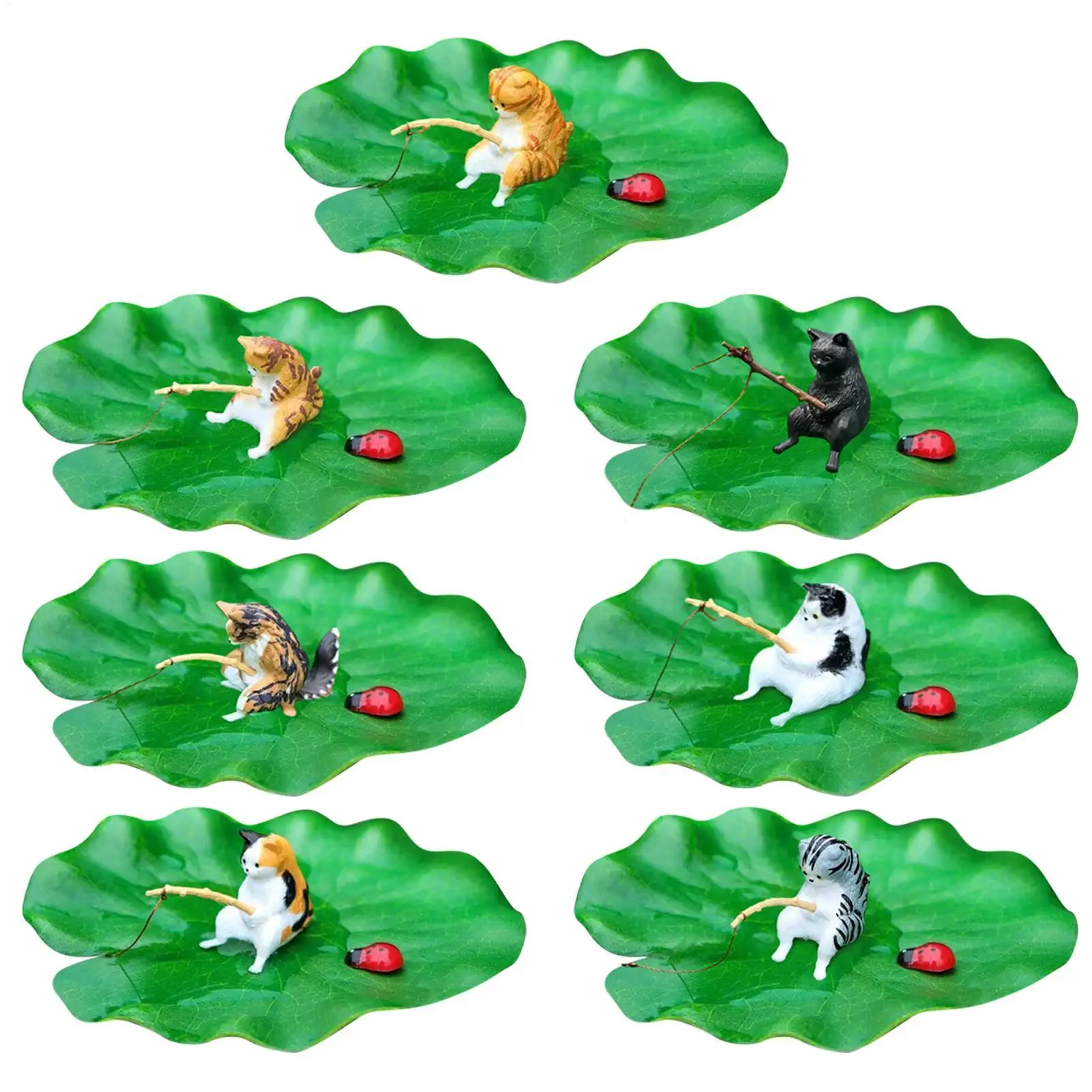 Cat Fishing on Floating Lily Pad Cat Fishing Aquarium Model Decoration Betta Fish Tank Decor Model For Garden Pond Fish Tank
