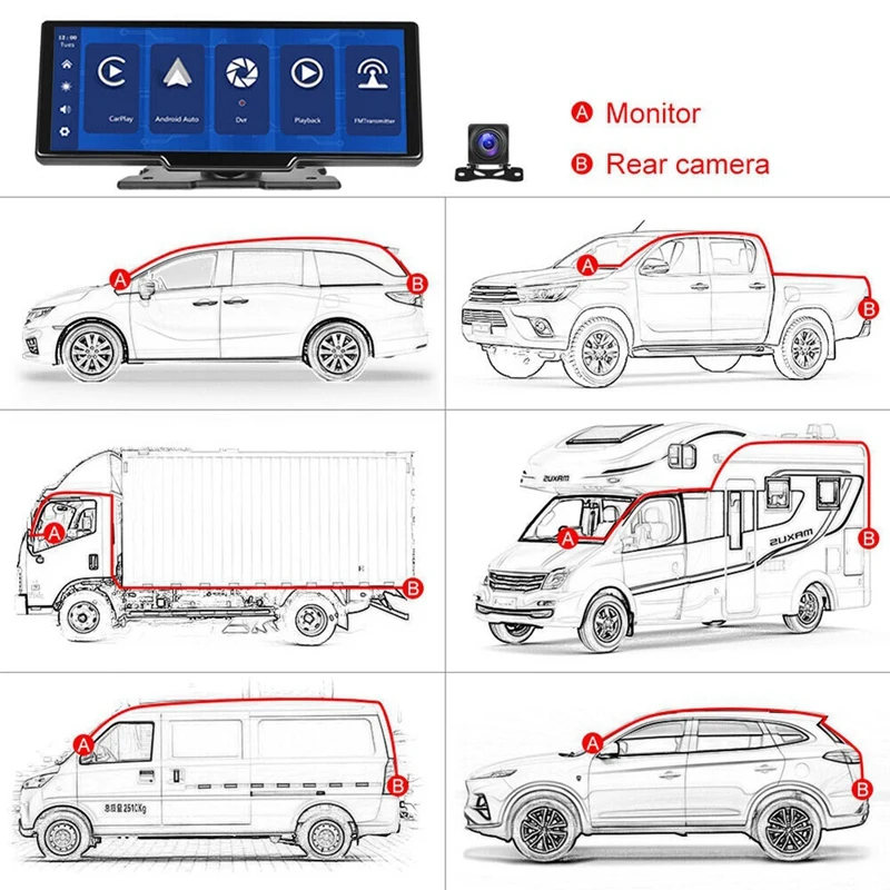 10.26Inch Dash Cam Front Rearview Camera Wireless Carplay & Android Auto Smart HD Touch Screen Player Bluetooth Host-A Durable