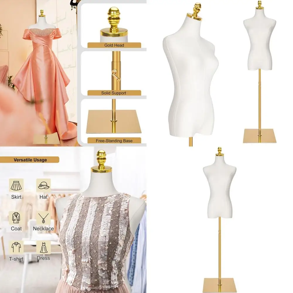 

Adjustable Height Female Gold Mannequin Dress Form, 40-73 Inch, White Torso with Metal Base