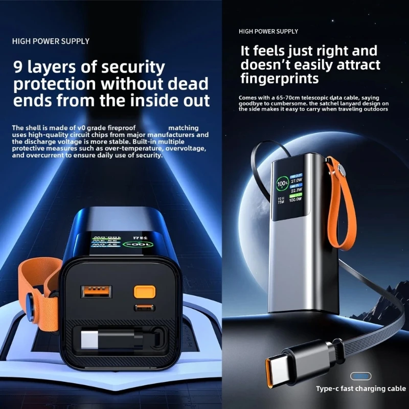 U55B Fast Speed PD100W 20000mAh Charging Equipped With LED Flashlight Suitable For Hiking Outdoors Adventure Long Trip