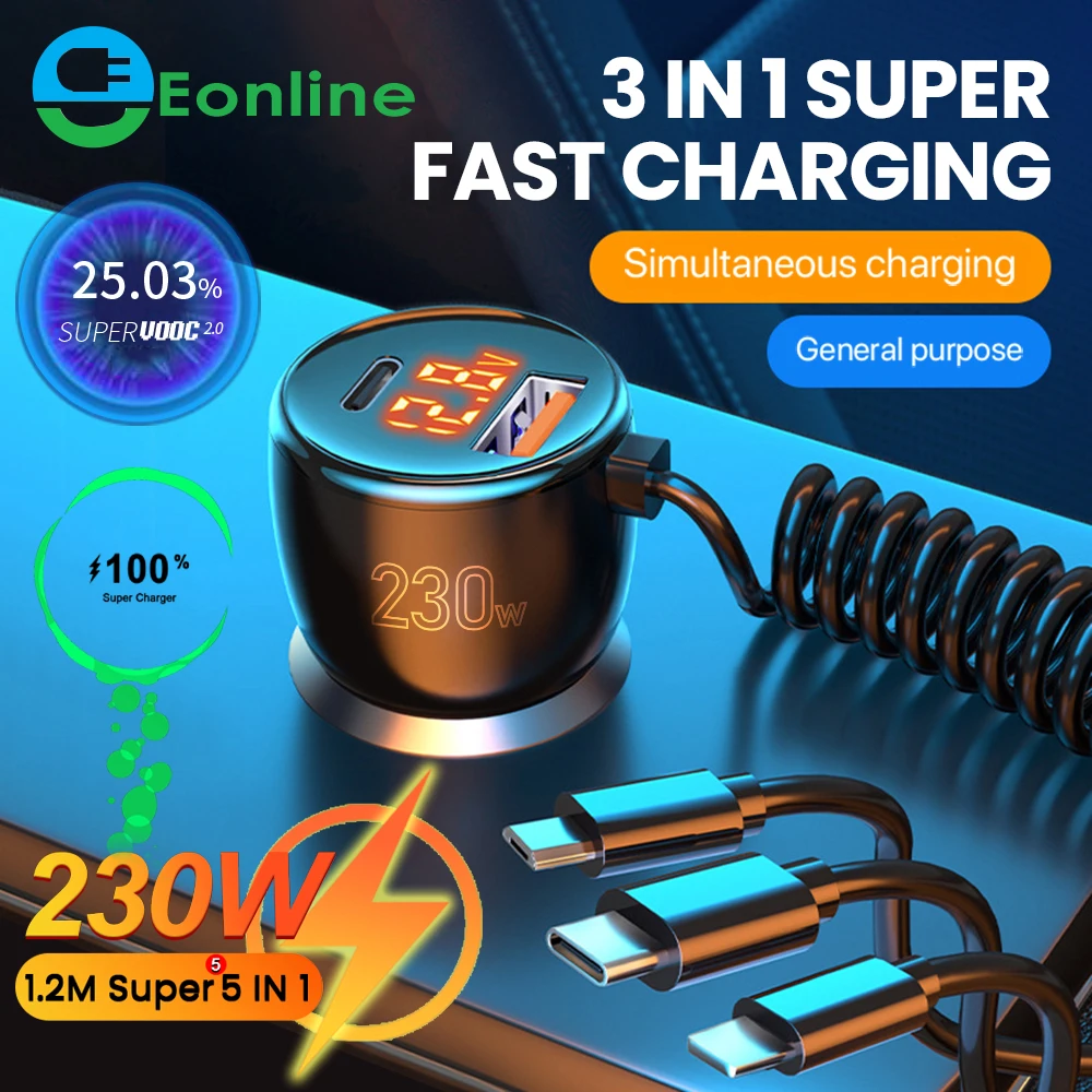 

EONLINE Car Charger With 3 in 1 Cable Type C USB Fast Charging adapter PD Car Charger For iPhone 14 13 Samsung Xiaomi Huawei