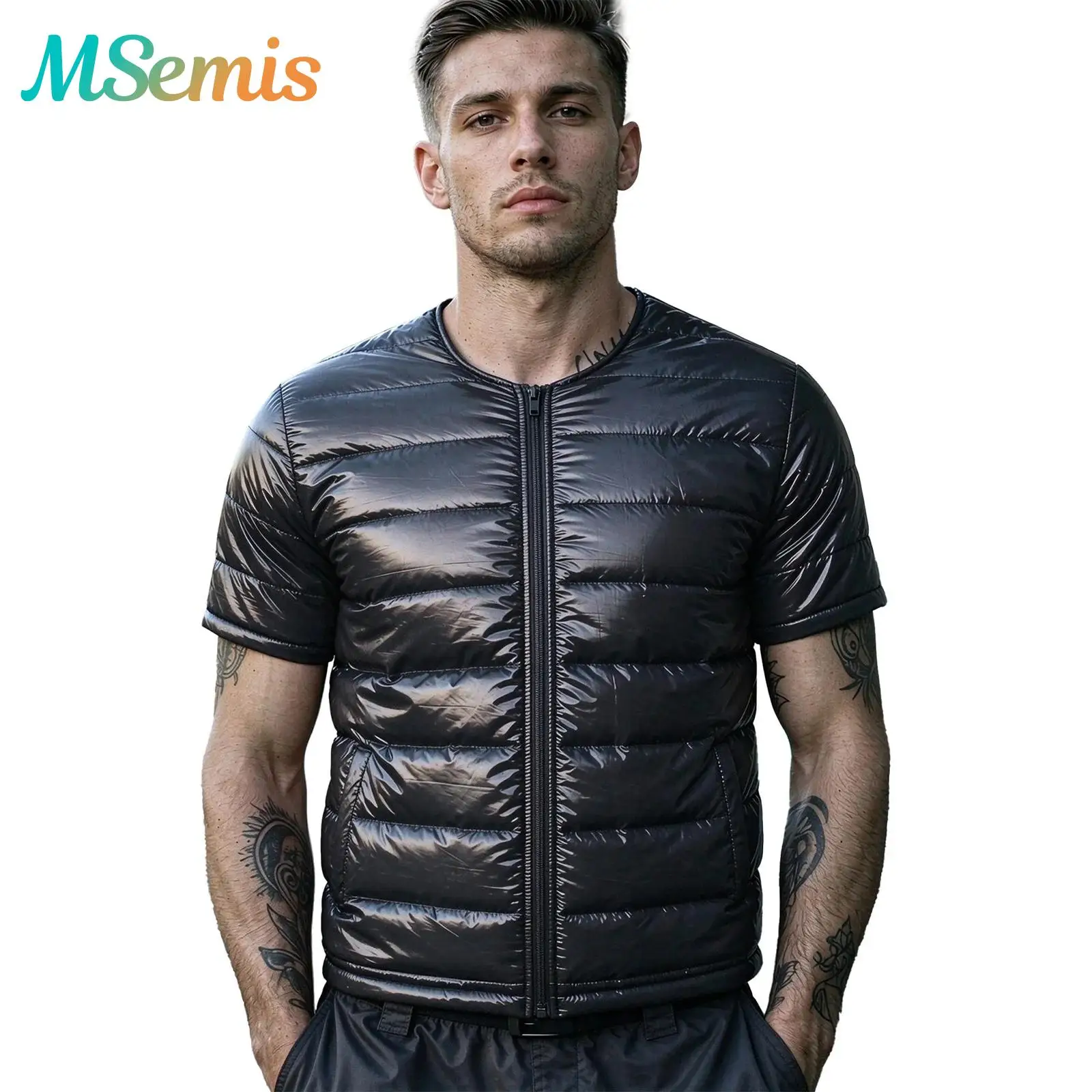 Men Shiny Quilted Puffer Padded Short Sleeve Jacket Full Zip Water-resistant Casual Jacket Coat Round Neck Quilted Outerwear