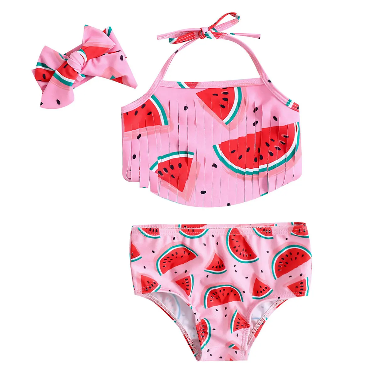 

Toddler Baby Girl Pink Watermelon Bikini Set Tassels Halter Two-piece Swimwear Bathing Suit With Headband 0-6M 6-12M 1-4Y