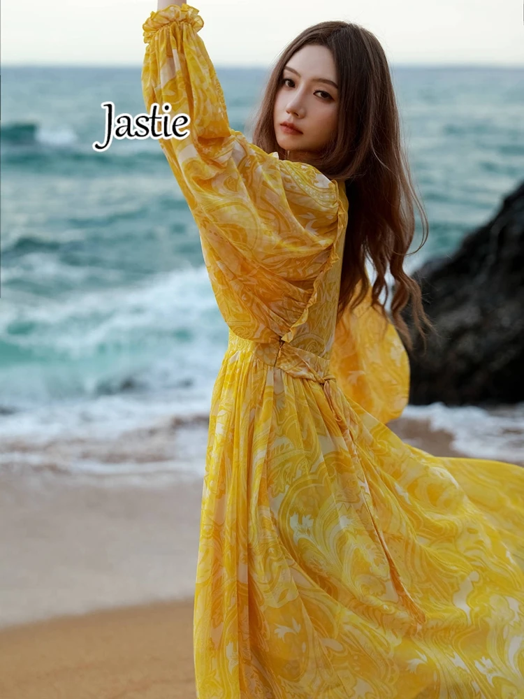 Jastie 2024 Spring Autumn Yellow Printed Beach Dresses For Women V-neck Lantern Sleeve Vacation Long Dress Boho Female Vestidos