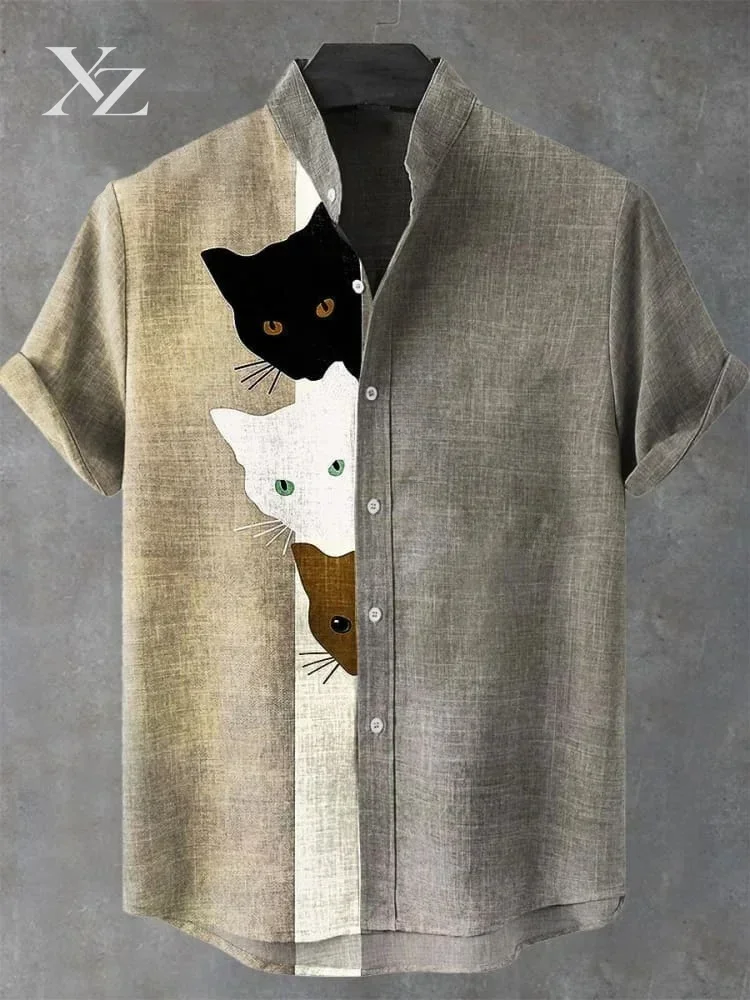 Funny Vintage Three Cat Hidden Art Print Japanese Style Shirt Men Chic Short Sleeve Stand Collar y2k Summer Tops Blouse