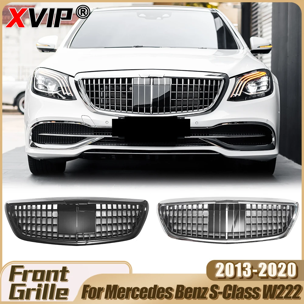 

XVIP Glossy Black Maybach Style Front Bumper Grille For Mercedes Benz S-Class W222 S500 S550 S600 2013-20 W/ACC Upper Grill Mesh