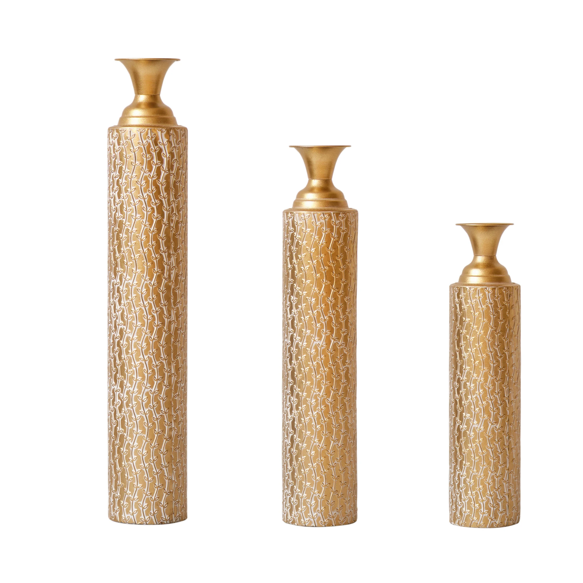 Metal Decorative Vases High Distress Metal Center Vases with Growing Vine Patterns, Set of 3 Vases for Home Decoration