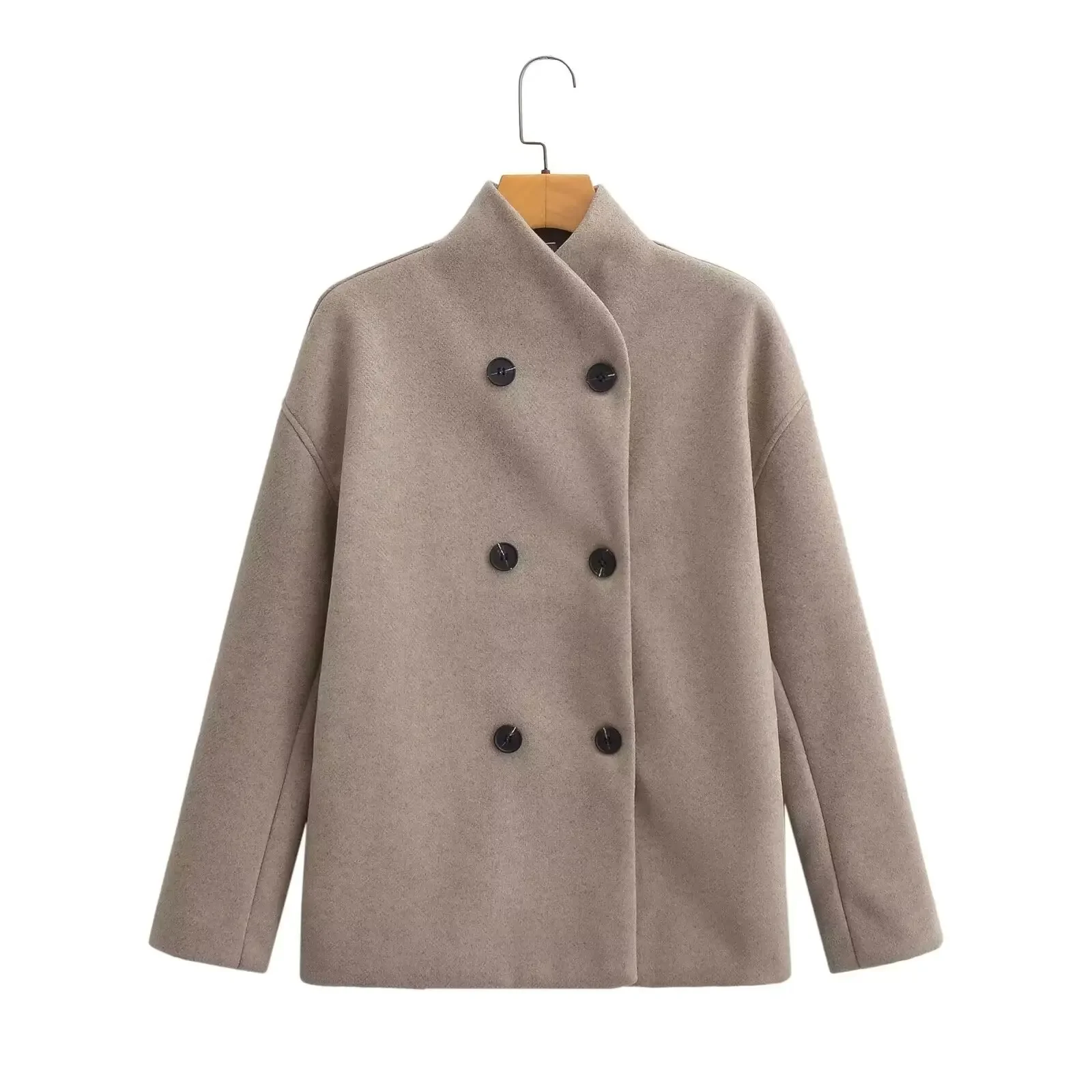 

Fashion Woolen Coat for Women 2024 Autumn Chic Stand Collar Solid Outerwear Lady Double-breasted Design Jacket Coats