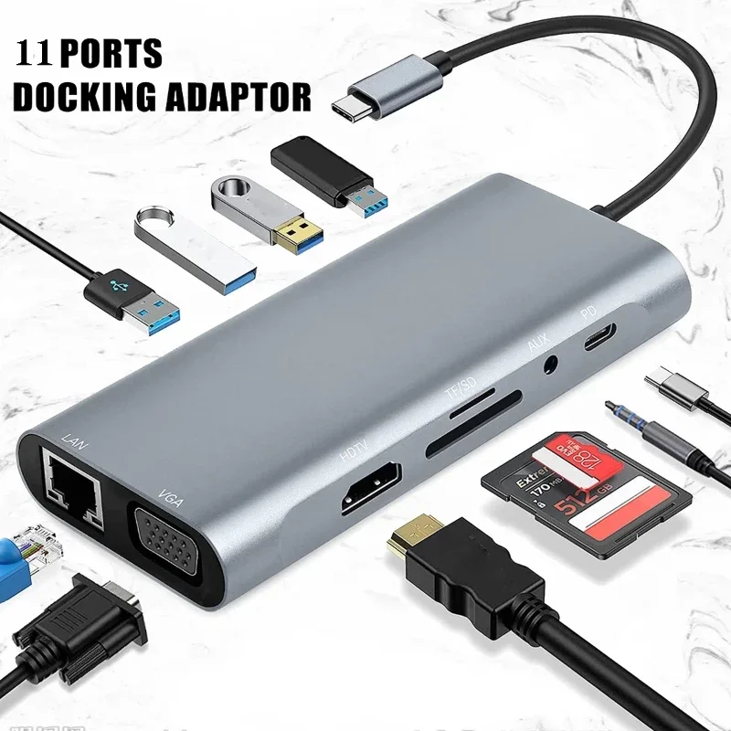 USB C HUB Type C Adapter To 4K HDMI-Compatible VGA RJ45 Lan Ethernet SD/TF Hub 11 In 1 Docking Station for Macbook Pro Splitter