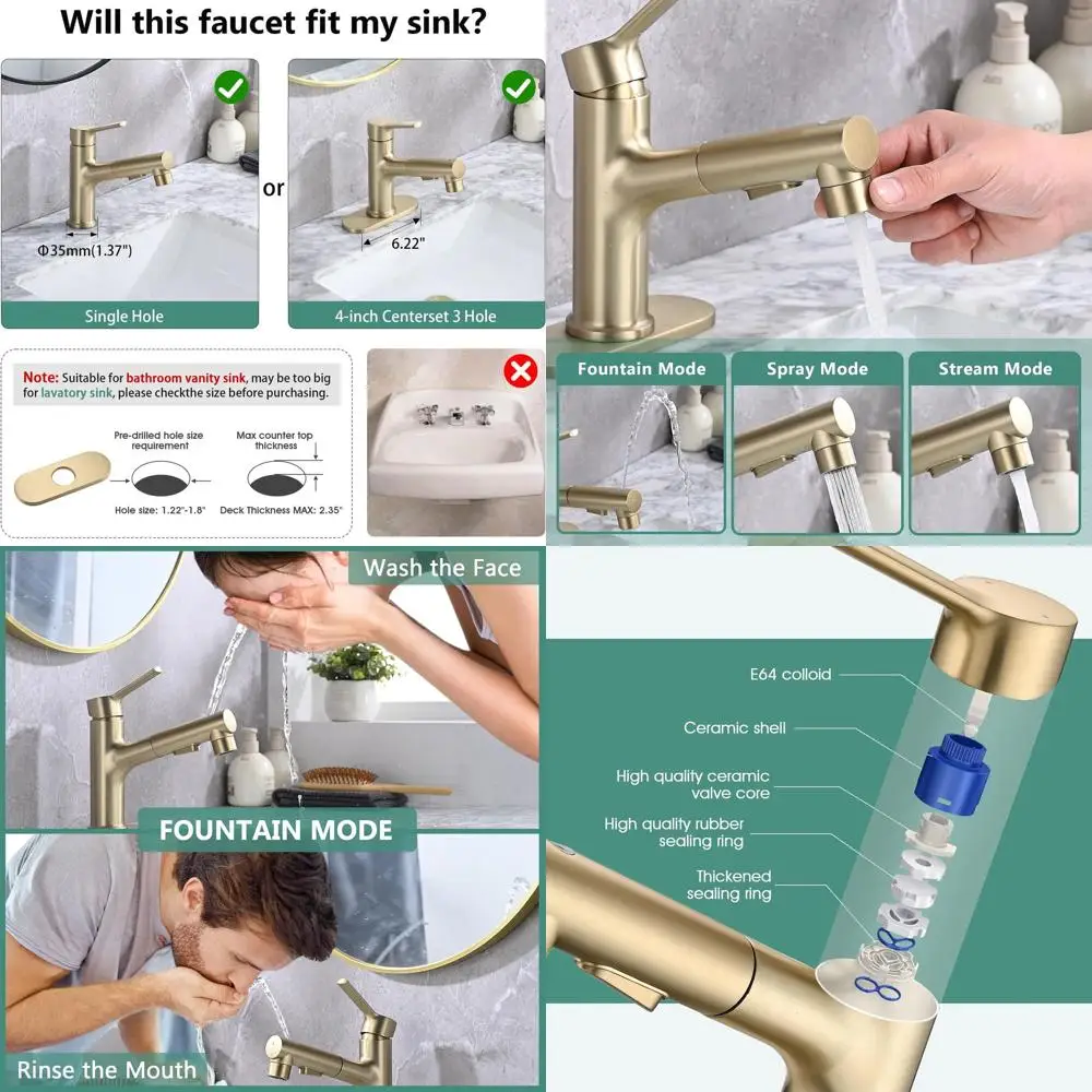 

Gold Single Handle Modern Bathroom Sink Faucet with Pull-Out Sprayer and Pop-Up Drain Stopper, 1 or 4-Inch Centerset 3-Hole