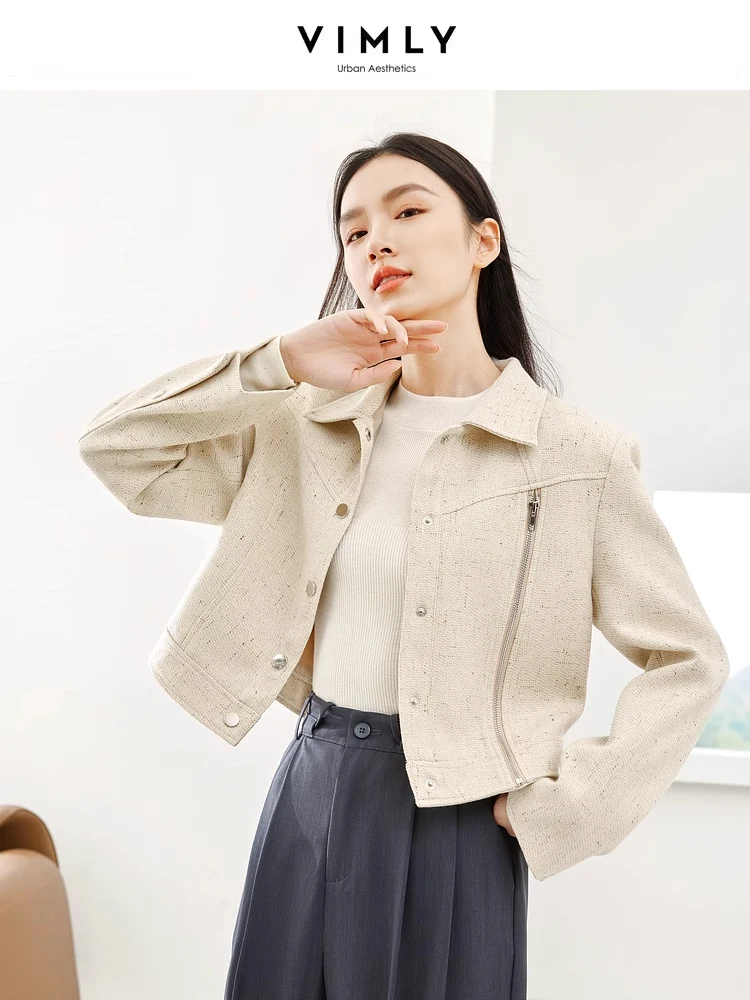 Vimly Light Yellow Fashion Cropped Tweed Jacket 2024 Spring Lapel Straight Single Breasted Long Sleeve Coat for Women M5150