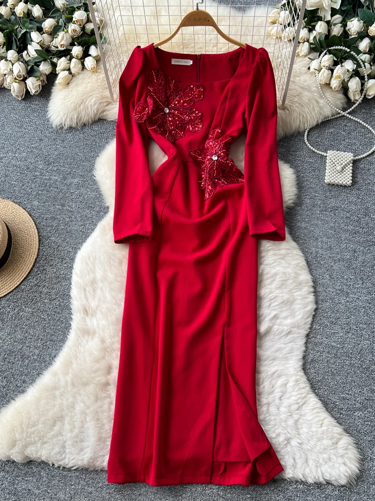 Abito da donna ricamato a maniche lunghe, vestibilità slim, vita alta, linea ad A, con paillettes e ricami elaborati, ideale per il commuting.