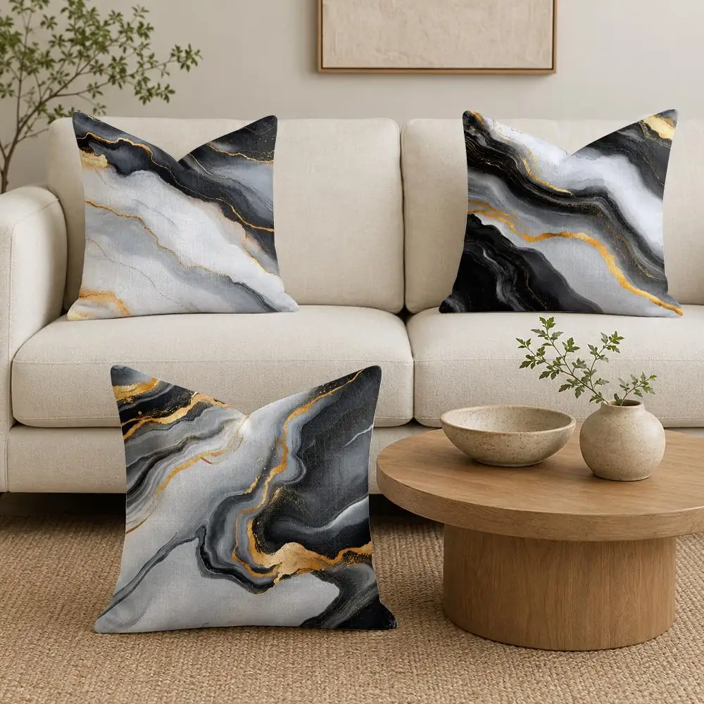 Black White Gray Marble Cushion Cover Linen Double-Sided Printed Pillow Case for Sofa Couch Bedroom Living Room
