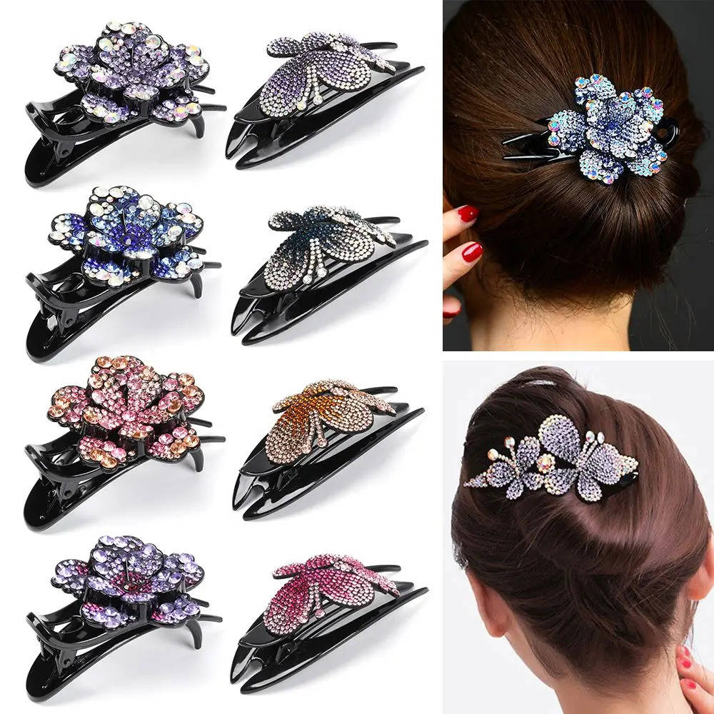 Fashion Colorful Flower Shiny Rhinestone Hairpin Hollow Heart Hair Clip Barrette Women Hair Claw Headwear Hair Styling Accessory