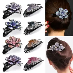 Fashion Colorful Flower Shiny Rhinestone Hairpin Hollow Heart Hair Clip Barrette Women Hair Claw Headwear Hair Styling Accessory