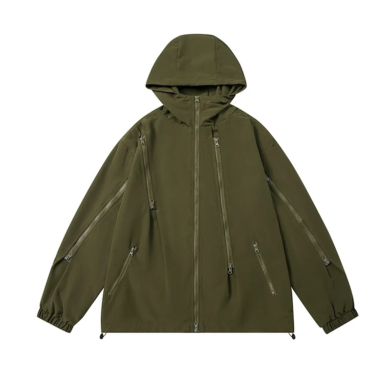 

2025 Autumn Men Cargo Jacket Thin Vintage Windproof Man Hooded Coat Streetwear Solid Zipper Loose Long Sleeve Male Outerwear