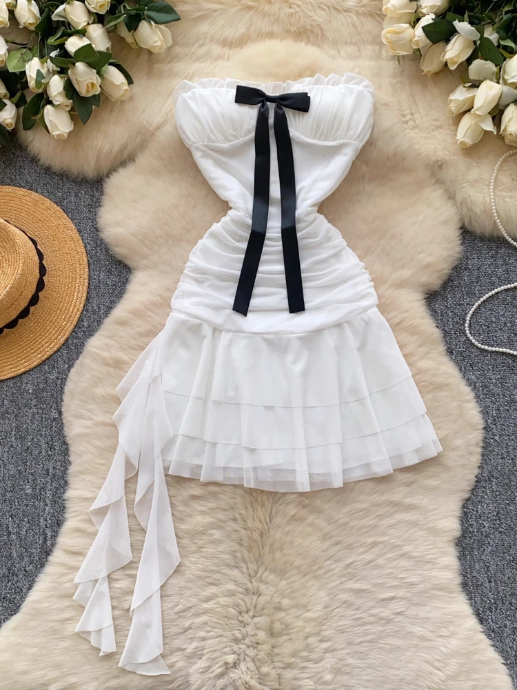 

Summer Korean Fashion Sexy Mini Party Dress Women Bow Wrinkle Ruffle Flounce Evening Dress Female Casual Chic Nightclub Clothing