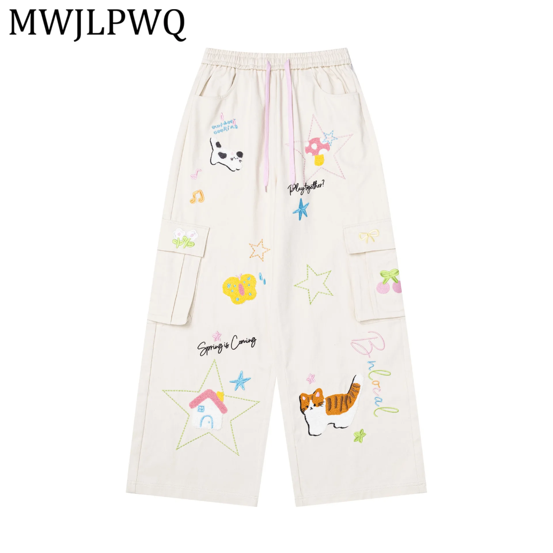 

MWJLPWQ Embroidered Wide-Leg Pants For Women American Drawstring Side Multi Pocket Casual Trousers 2026 Spring Autumn New 14671