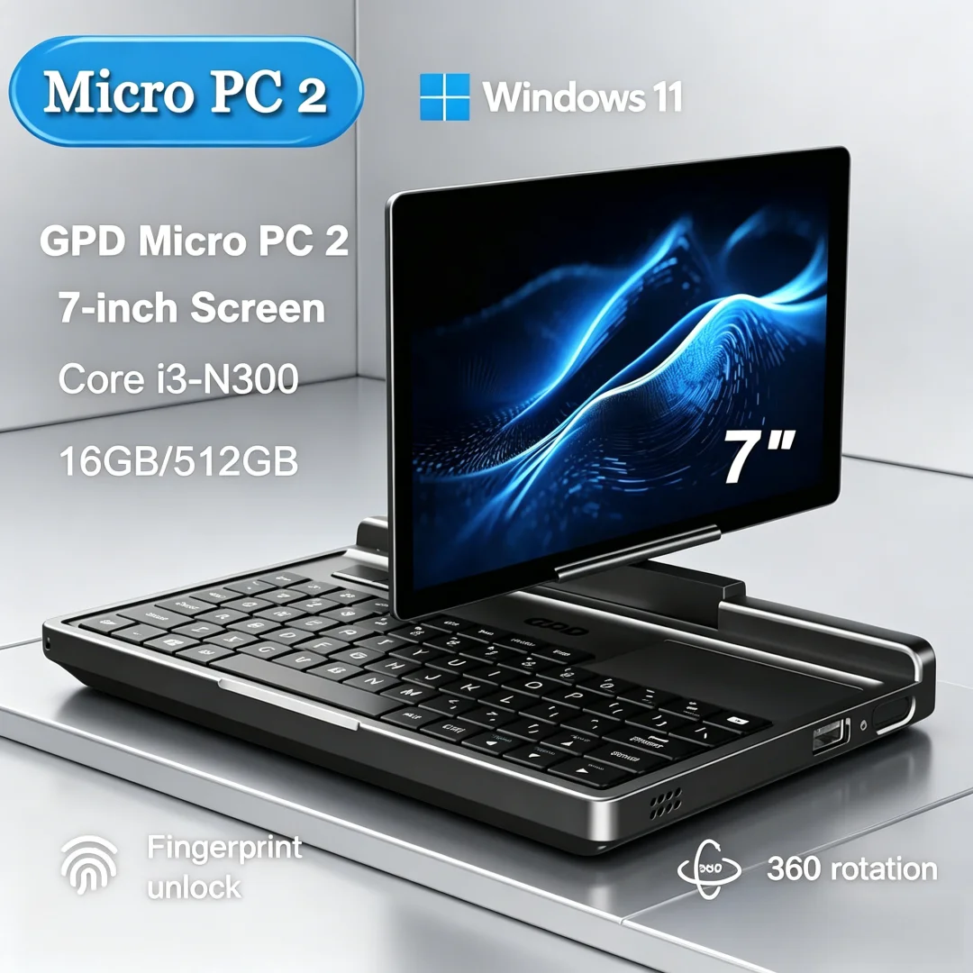 Dominate GPD Micro PC 2: 7 Hyper Touch Screen, 16GB RAM, 512GB SSD, N300 CPU, Windows 11 The Beast Palm-Sized Mini Laptop