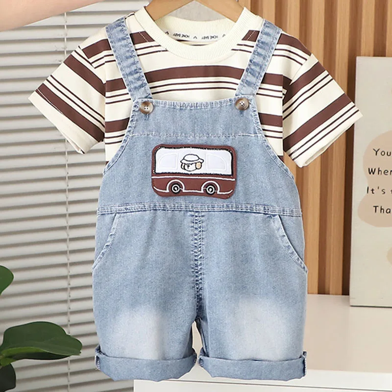 

2025 Summer Toddler Boy Outfits Korean Casual Fashion Stripe Short Sleeve Tops+Denim Overalls Kids Clothes Children's Sets B137