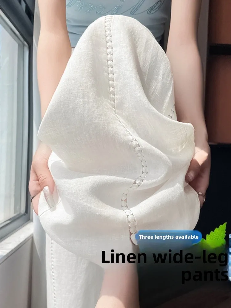 Calças largas de linho de seda gelo mulheres verão dopane fina cintura alta casual renda splice lyocell sembach calças commute sle