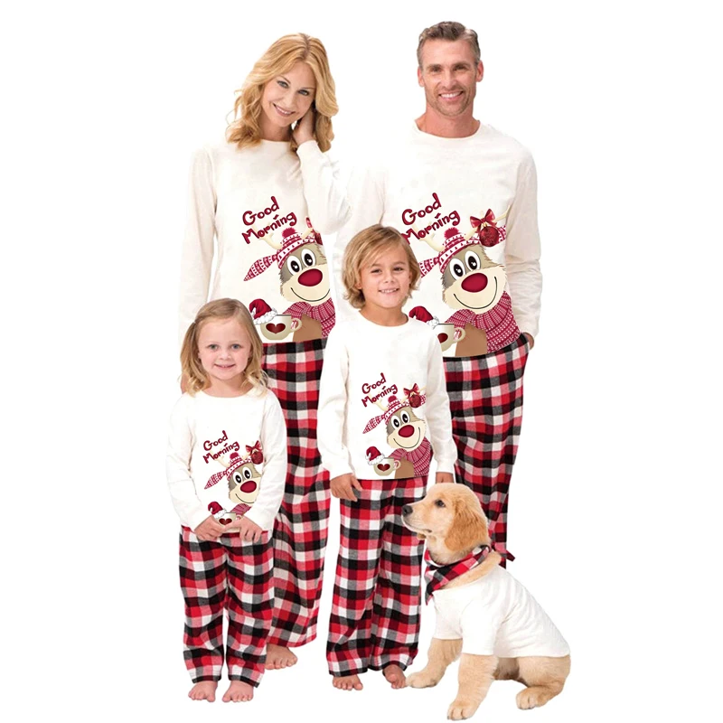 

Festive Family Matching Pajamas Set with Reindeer Print Tops and Cozy Plaid Pants for a Coordinated Christmas Look