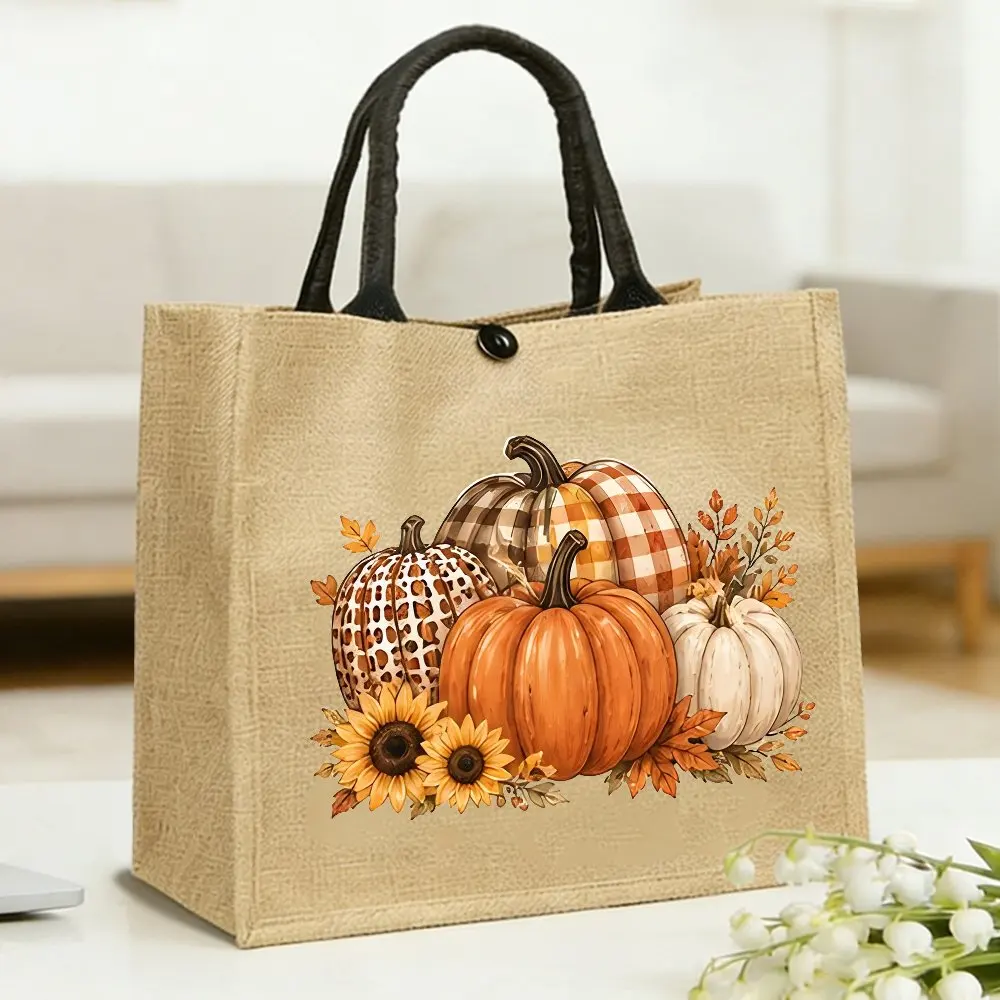 Fall Plaid Leopard Pumpkin Jute Tote Bag Autumn Sunflower Maple Leaf Print Shoulder Bag Thanksgiving Shopping Gift Handbag