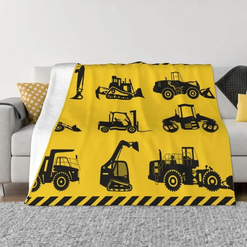 Excavators Trucks Cartoon Blanket Cover Velvet Heavy Construction Machines Soft Throw Blanket for Airplane Travel Bedspread