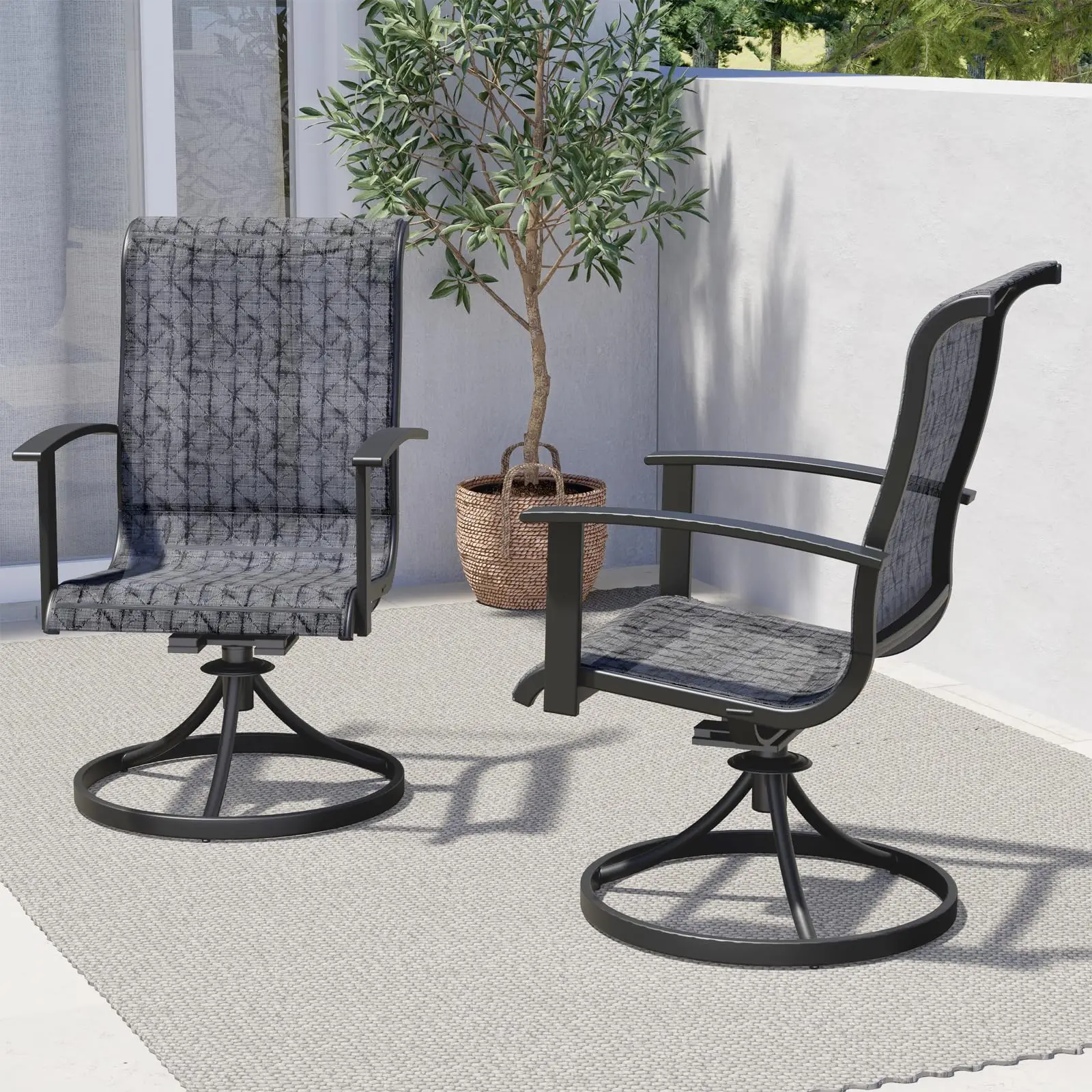 Outdoor Swivel Dining Chairs Set of 2, 360 Degree Mesh Sling Rocker Sets for Deck, Garden Backyard, Black & Grey Plaid